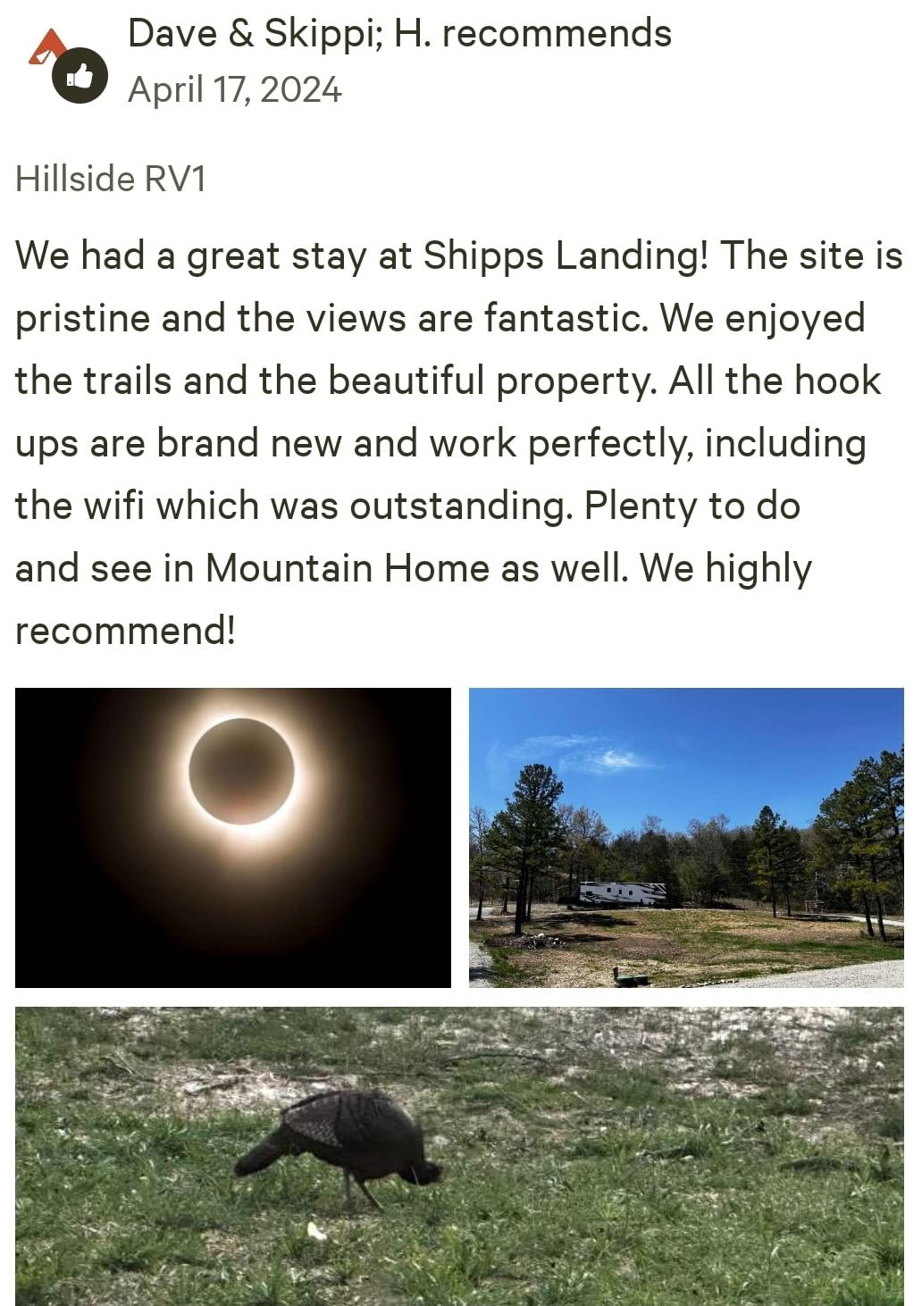 Hipcamp guest review of Hillside RV1 at Shipps Landing