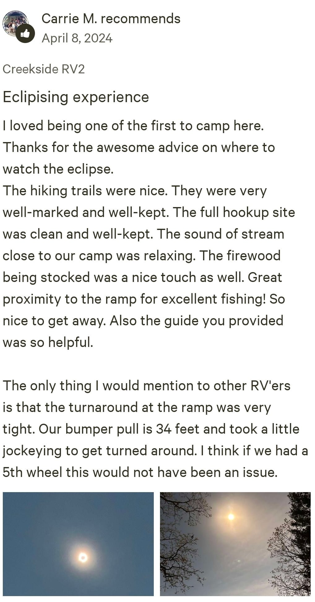 Hipcamp guest review of Creekside RV2 at Shipps Landing